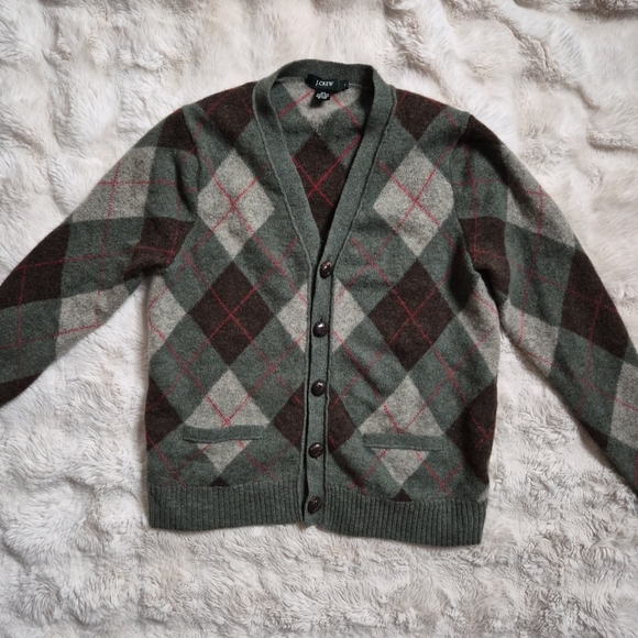 J. Crew Cardigan Sweater Lambs Wool Size Medium M Argyle Green Brown Gray Preppy - Picture 2 of 13